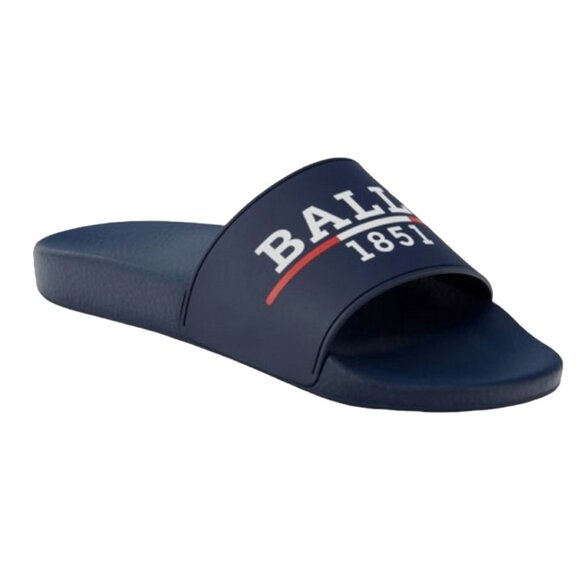 NEW BALLY SAMUEL LOGO SANDALS SLIDES !  8  INK NAVY WITH WHITE LETTERING  ITALY main image 4